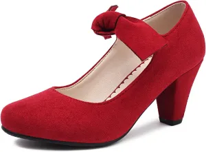 Elerhythm Women's Mary Jane Bow Closed Toe Vintage Pumps Heels Gatsby Victorian 1920s Dresses Faux Suede Shoes