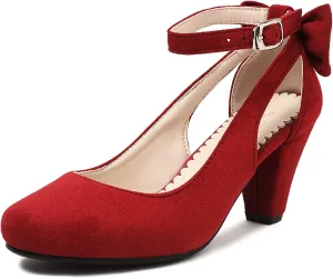 Elerhythm Women's Mary Jane Bow Closed Toe Vintage Pumps Heels Gatsby Victorian 1920s Dresses Faux Suede Shoes