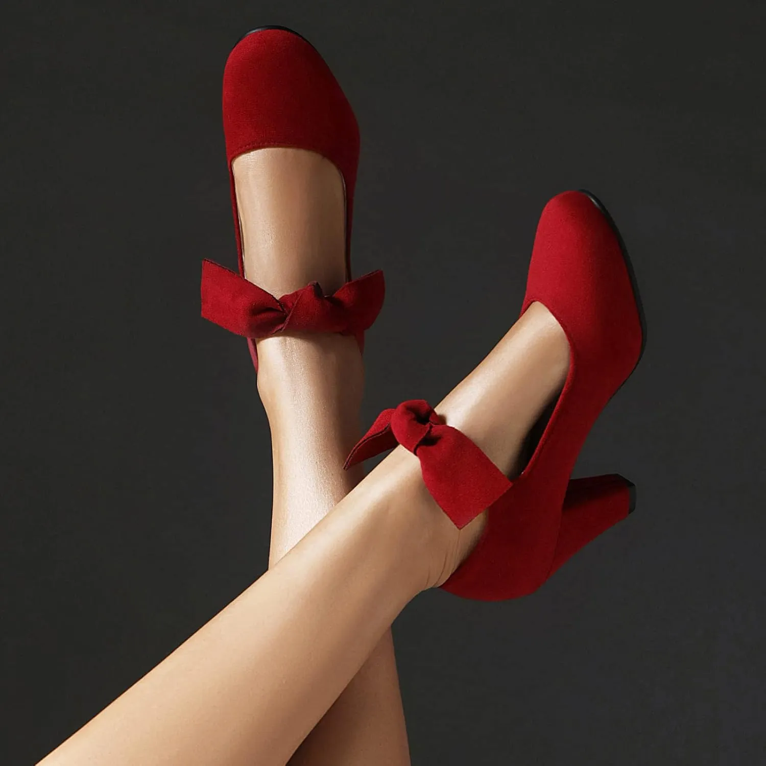 Elerhythm Women's Mary Jane Bow Closed Toe Vintage Pumps Heels Gatsby Victorian 1920s Dresses Faux Suede Shoes