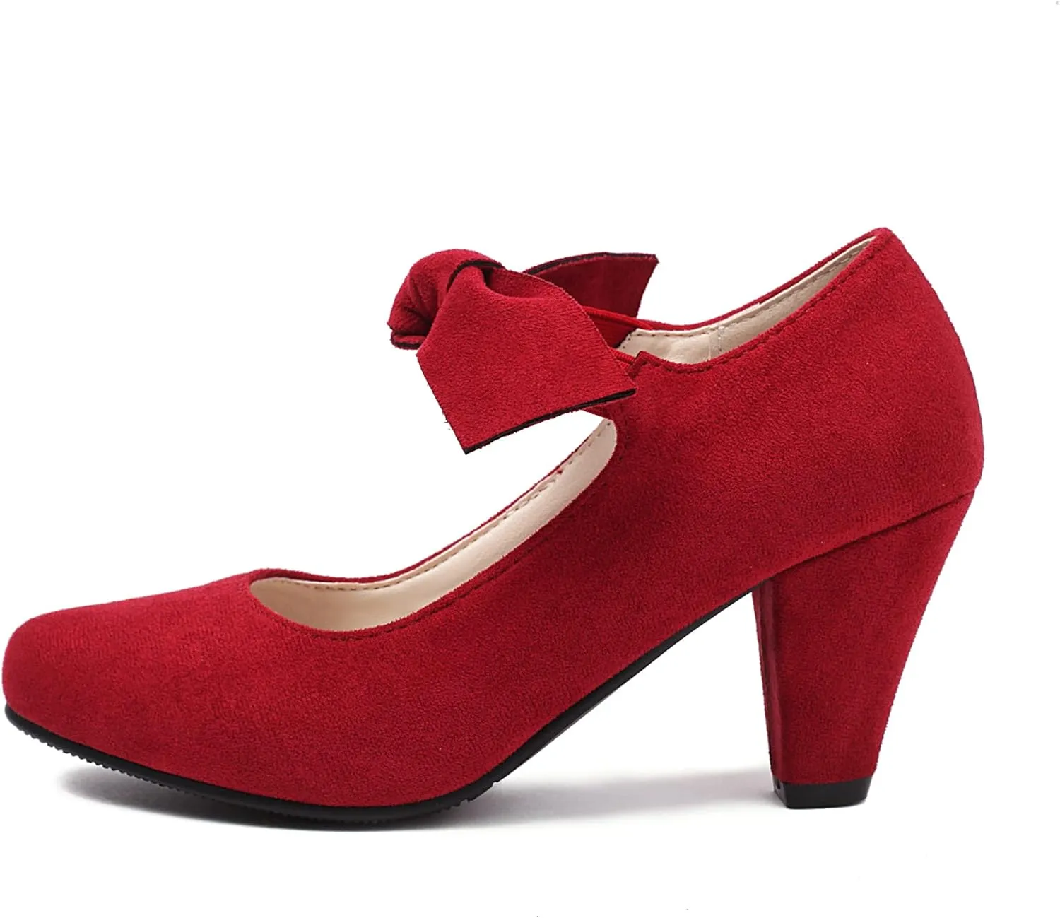 Elerhythm Women's Mary Jane Bow Closed Toe Vintage Pumps Heels Gatsby Victorian 1920s Dresses Faux Suede Shoes