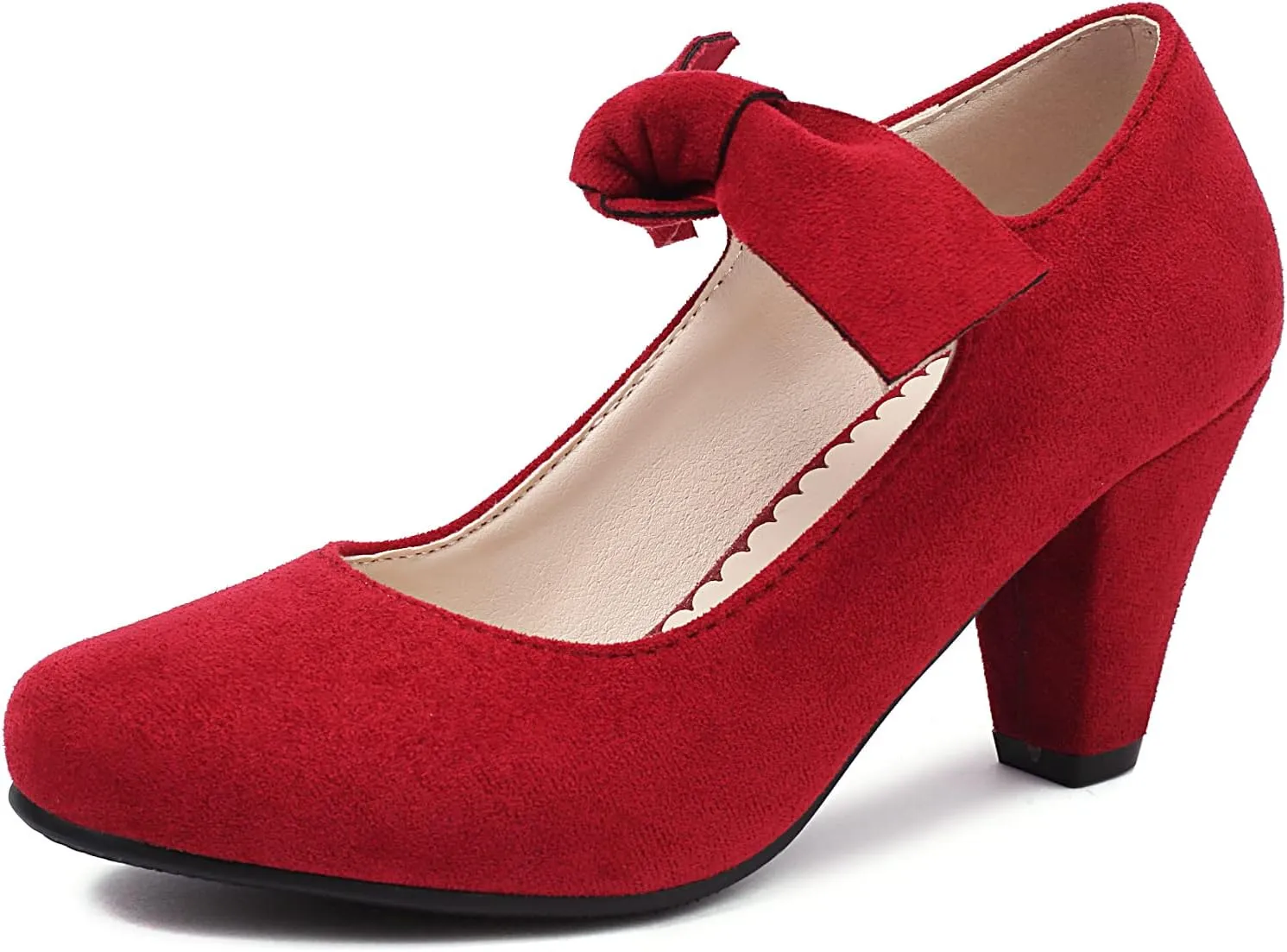 Elerhythm Women's Mary Jane Bow Closed Toe Vintage Pumps Heels Gatsby Victorian 1920s Dresses Faux Suede Shoes