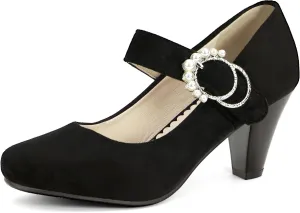 Elerhythm Women's Mary Jane Bow Closed Toe Vintage Pumps Heels Gatsby Victorian 1920s Dresses Faux Suede Shoes