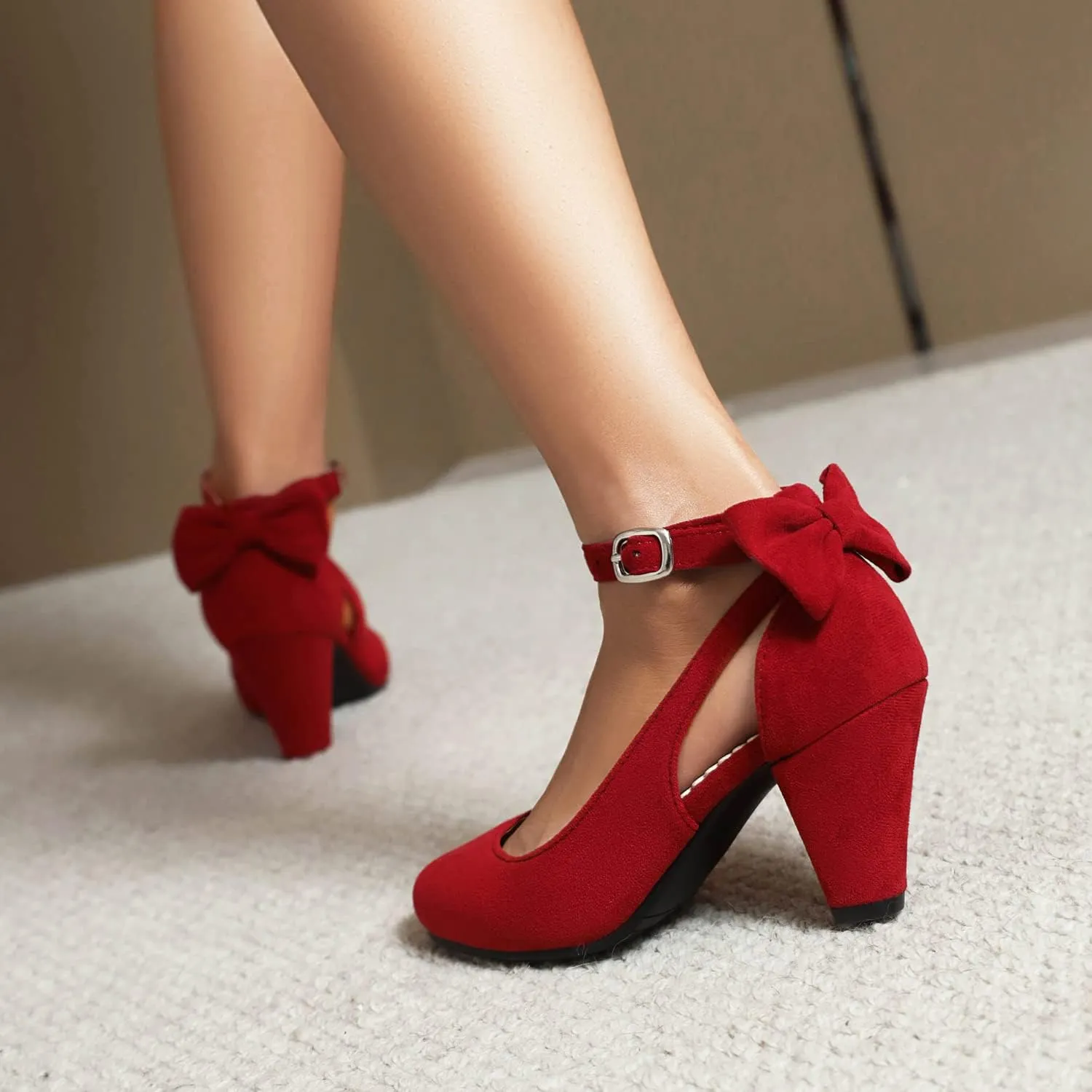 Elerhythm Women's Mary Jane Bow Closed Toe Vintage Pumps Heels Gatsby Victorian 1920s Dresses Faux Suede Shoes