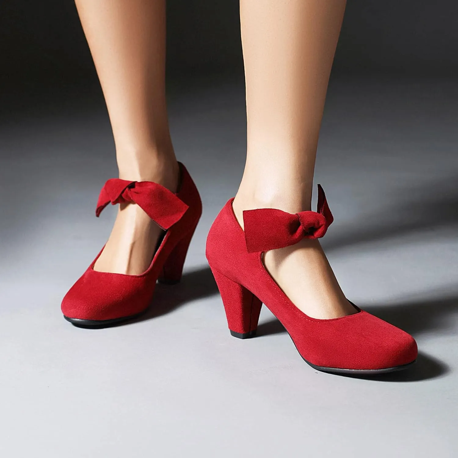 Elerhythm Women's Mary Jane Bow Closed Toe Vintage Pumps Heels Gatsby Victorian 1920s Dresses Faux Suede Shoes
