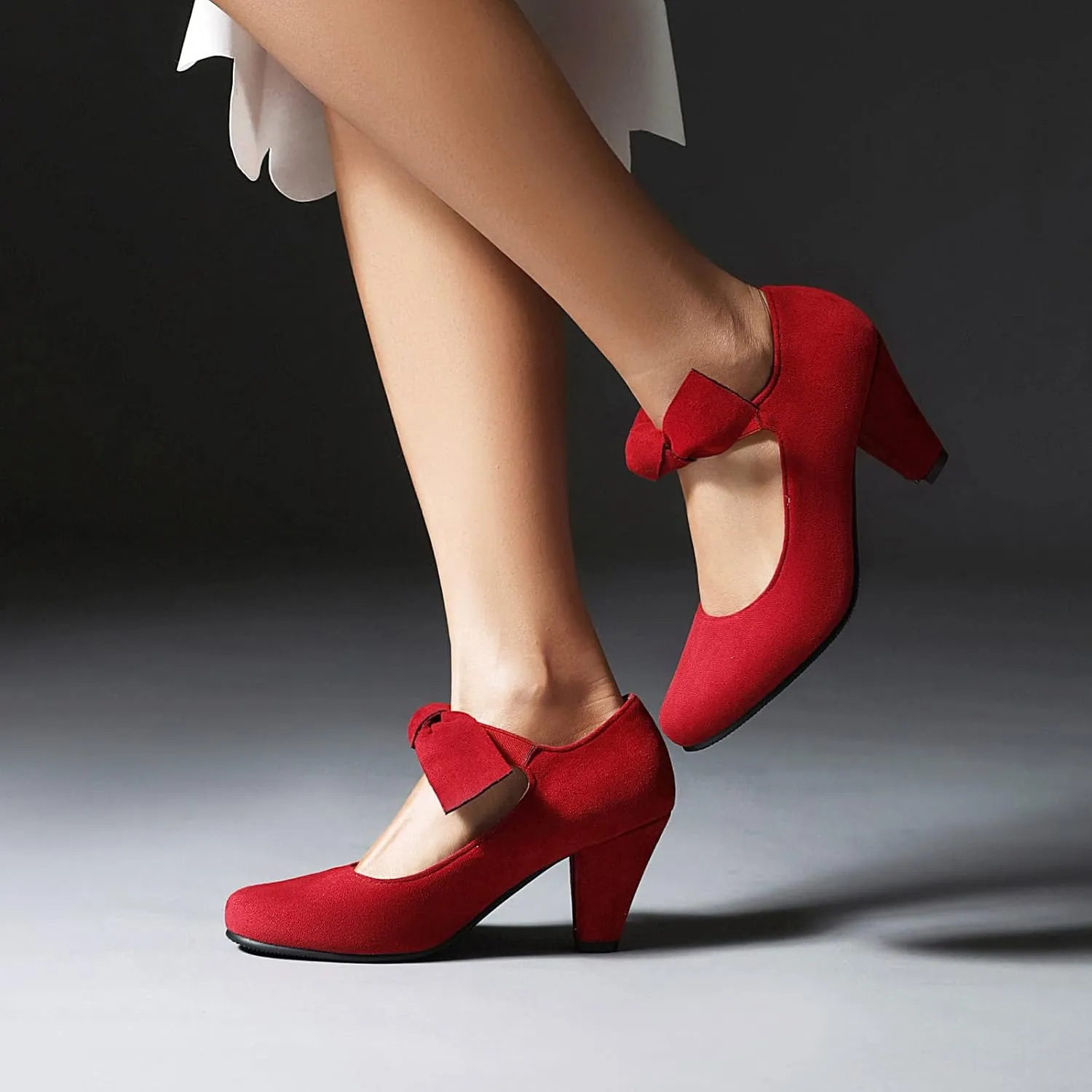 Elerhythm Women's Mary Jane Bow Closed Toe Vintage Pumps Heels Gatsby Victorian 1920s Dresses Faux Suede Shoes