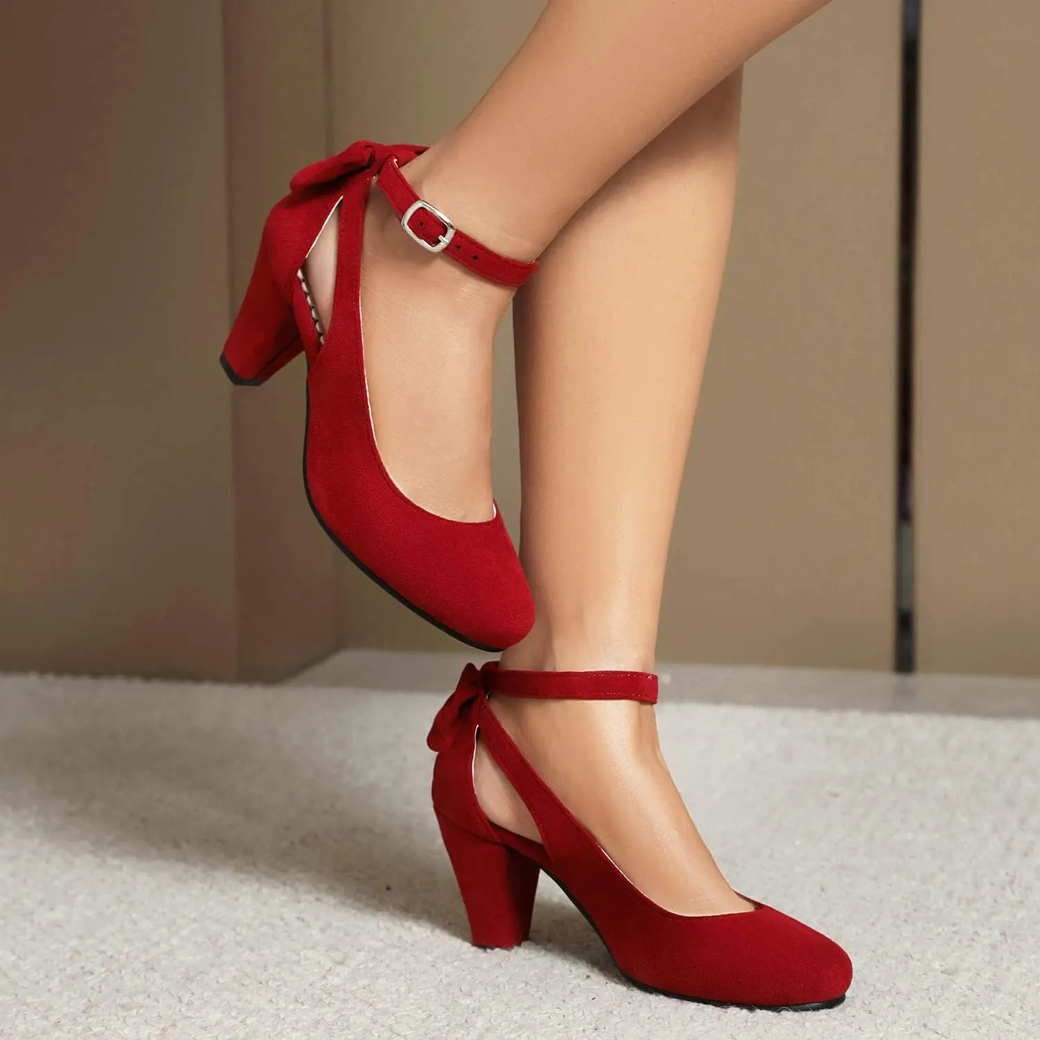 Elerhythm Women's Mary Jane Bow Closed Toe Vintage Pumps Heels Gatsby Victorian 1920s Dresses Faux Suede Shoes