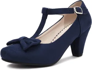 Elerhythm Women's Mary Jane Vintage Heels with Bow 1950s Pumps Closed Toe 1920s Victorian Sweet Ankle Strap Faux Suede Elegant Comfortable Formal Dressy Ladies Shoes
