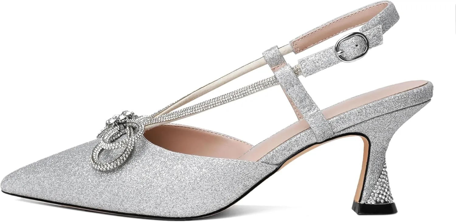 Esvowido Women's Rhinestone Bow Heels Pointed Toe Kitten Low Heel Pumps Satin Shoes Adjustable Ankle Strap Slingback Heeled Wedding Bridal Evening Dress Shoes