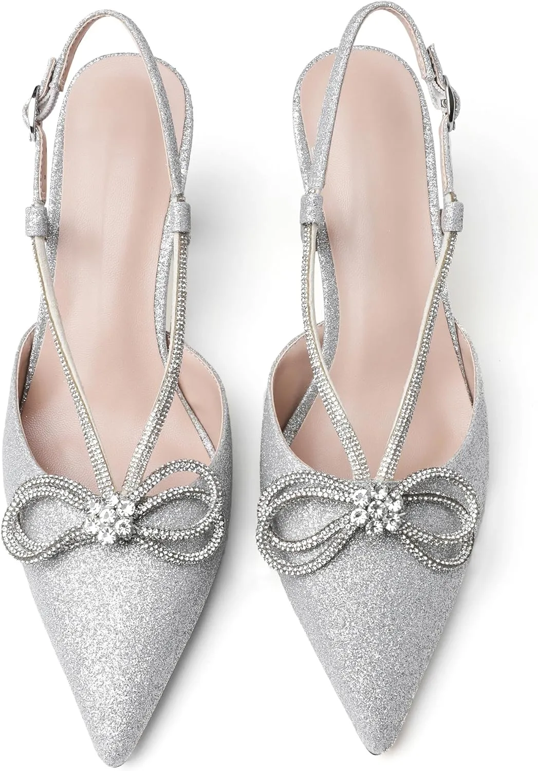 Esvowido Women's Rhinestone Bow Heels Pointed Toe Kitten Low Heel Pumps Satin Shoes Adjustable Ankle Strap Slingback Heeled Wedding Bridal Evening Dress Shoes