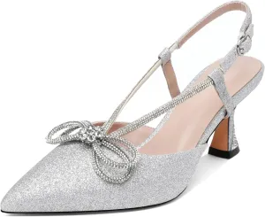 Esvowido Women's Rhinestone Bow Heels Pointed Toe Kitten Low Heel Pumps Satin Shoes Adjustable Ankle Strap Slingback Heeled Wedding Bridal Evening Dress Shoes