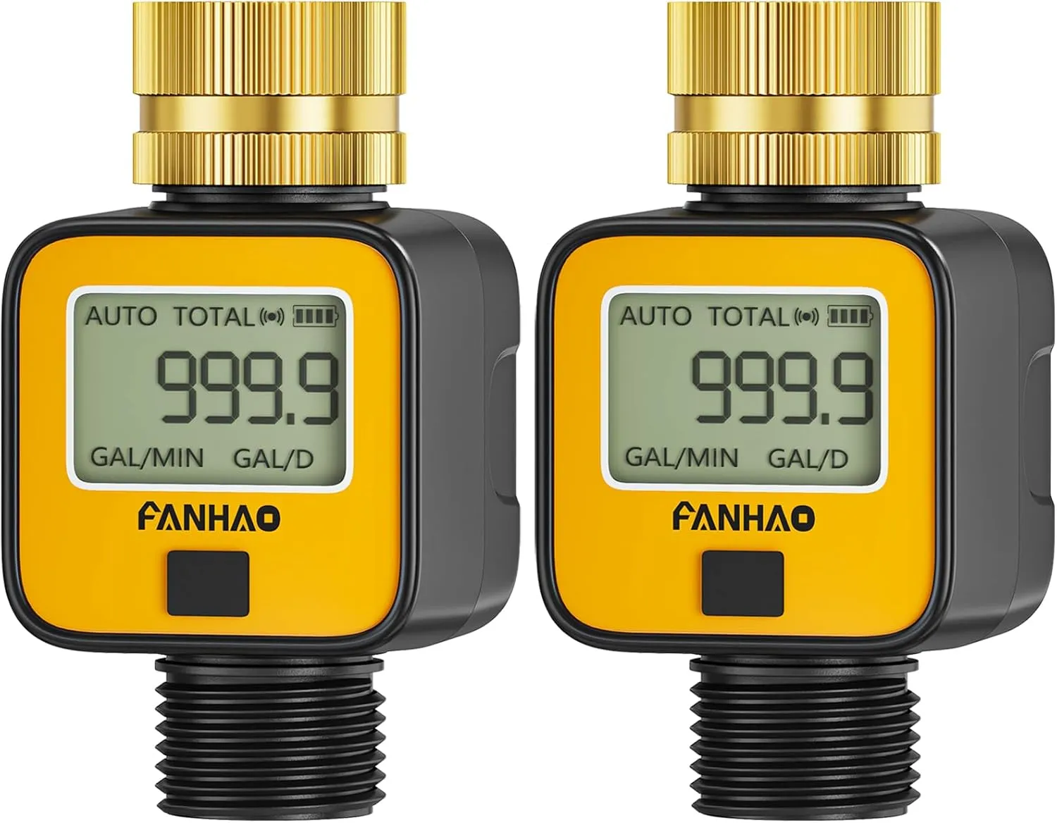 FANHAO 2 Pack Water Flow Meter with Brass Inlet Metal Thread, Measure Gallon/Liter Consumption and Flow Rate, High Accuracy & IPX6 Waterproof for Outdoor Garden Hose Watering, RV Water Tank Filling