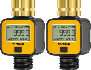 FANHAO 2 Pack Water Flow Meter with Brass Inlet Metal Thread, Measure Gallon/Liter Consumption and Flow Rate, High Accuracy & IPX6 Waterproof for Outdoor Garden Hose Watering, RV Water Tank Filling