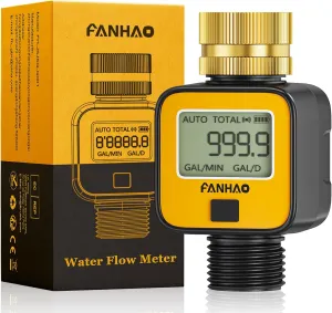 FANHAO Water Flow Meter with Brass Inlet Metal Thread, Measure Gallon/Liter Consumption and Flow Rate, High Accuracy & IPX6 Waterproof for Outdoor Garden Hose Watering, RV Water Tank Filling