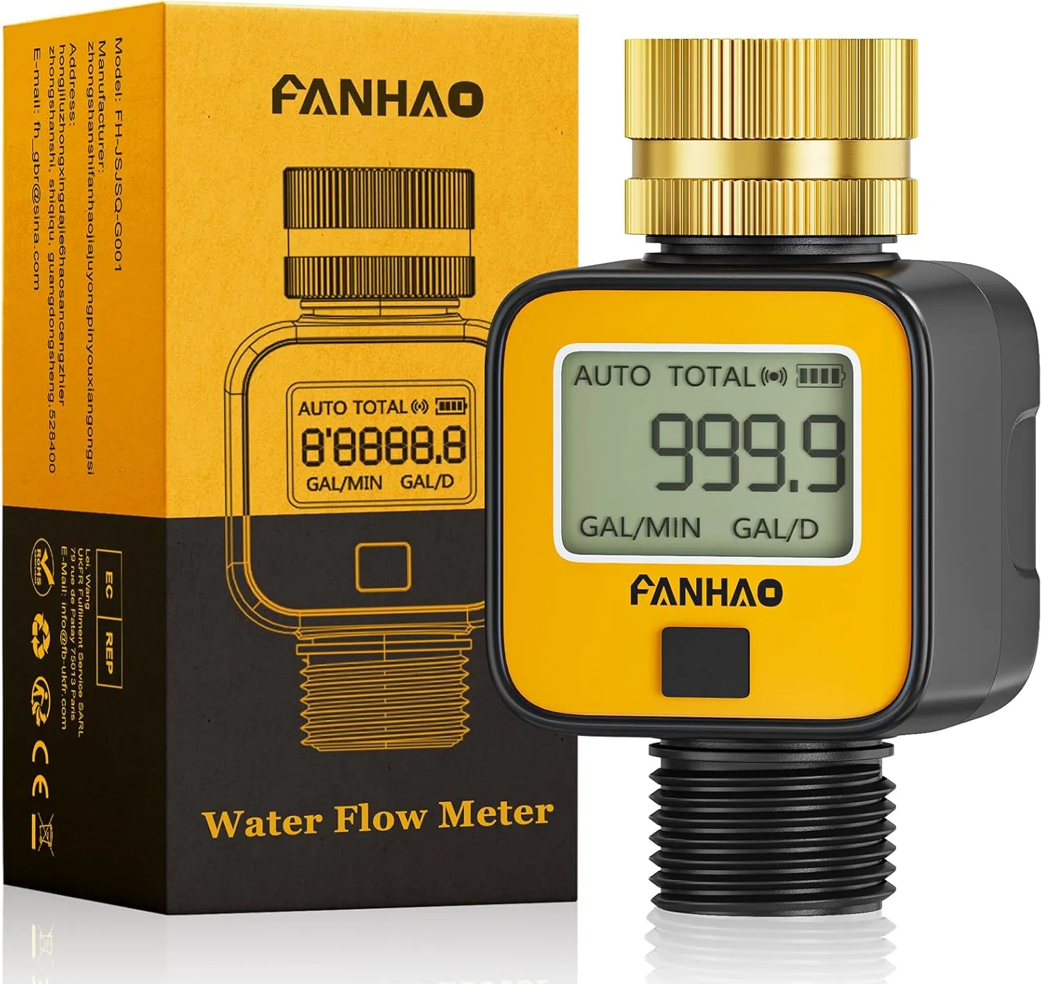 FANHAO Water Flow Meter with Brass Inlet Metal Thread, Measure Gallon/Liter Consumption and Flow Rate, High Accuracy & IPX6 Waterproof for Outdoor Garden Hose Watering, RV Water Tank Filling
