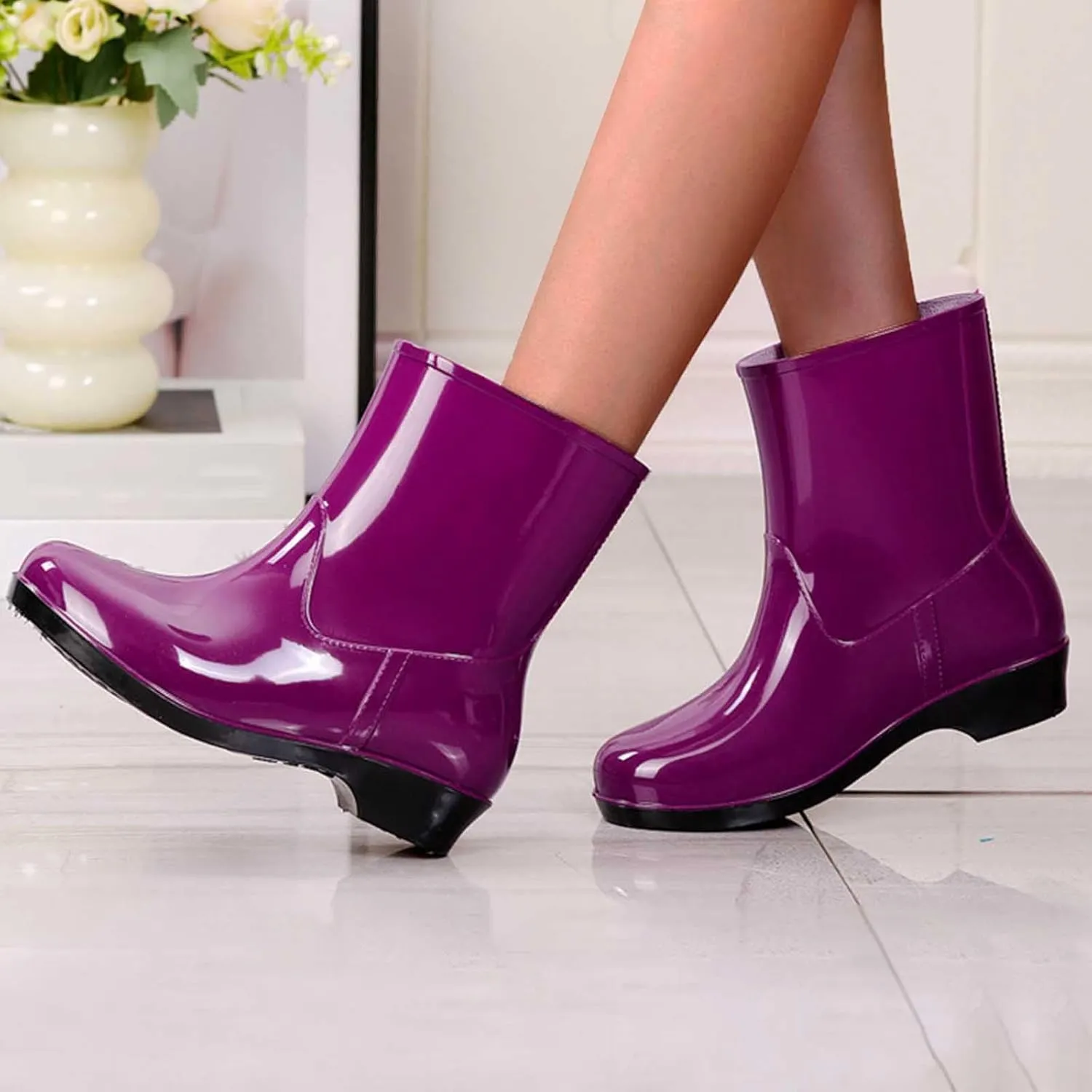 Fashion Rain Boots for Women PVC Durable Waterproof Shoes Comfort Non-Slip Mid Calf Garden Boot Cute Chelsea Booties
