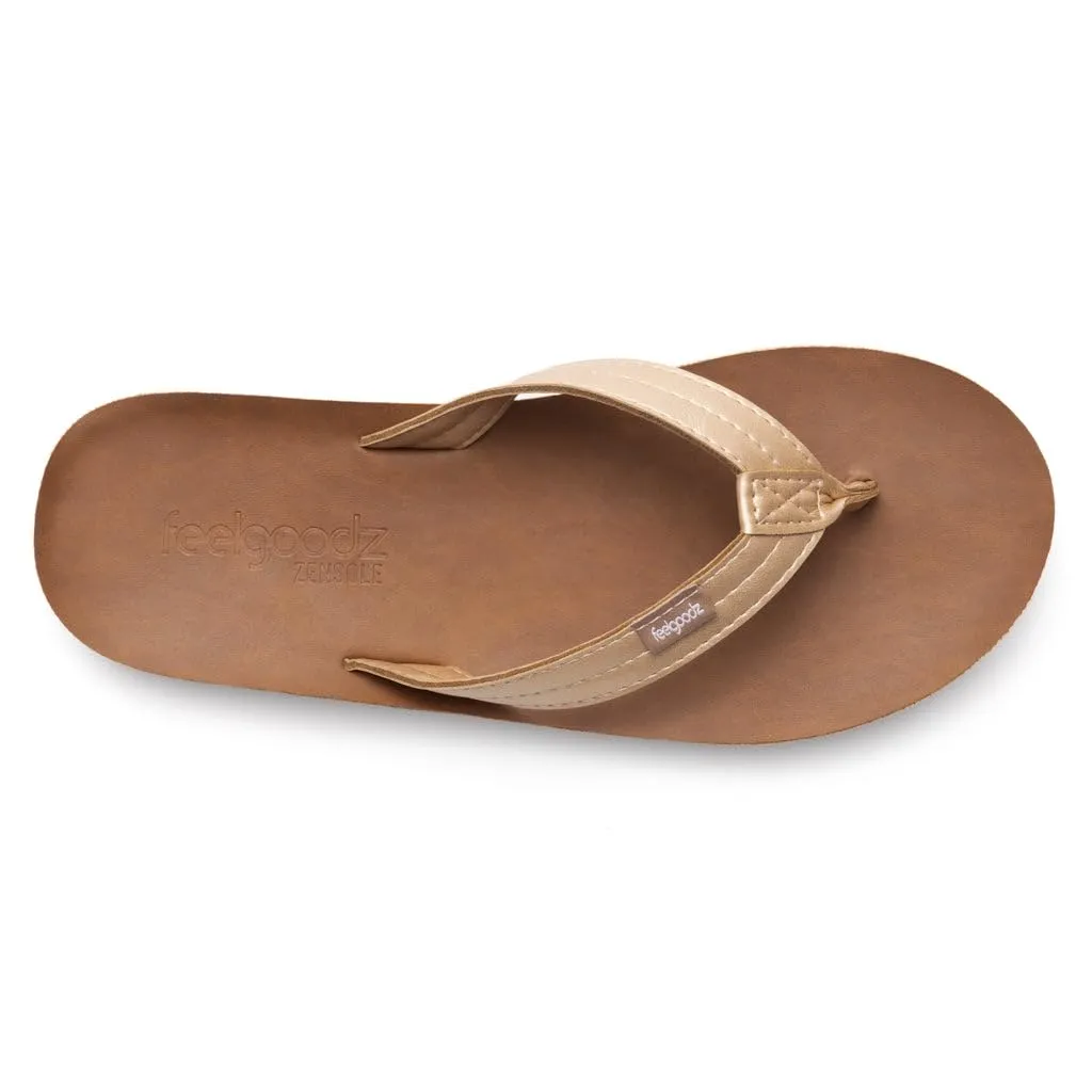 Feelgoodz Women's Zensole Slim Kinderz Water-resistant Vegan Leather/Natural Rubber Flip Flops (Sunset, Size 7)