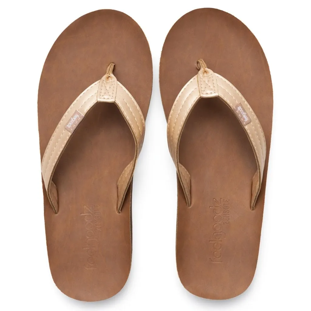 Feelgoodz Women's Zensole Slim Kinderz Water-resistant Vegan Leather/Natural Rubber Flip Flops (Sunset, Size 7)