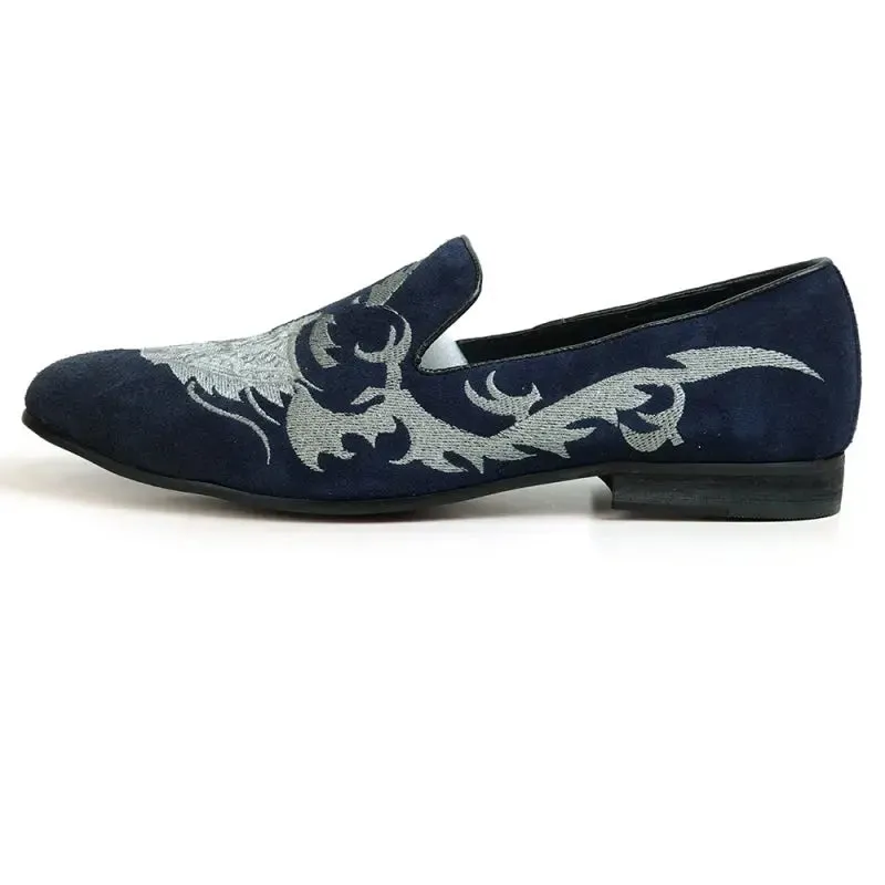 Fiesso FI-7039 Navy Suede Slip on Loafers