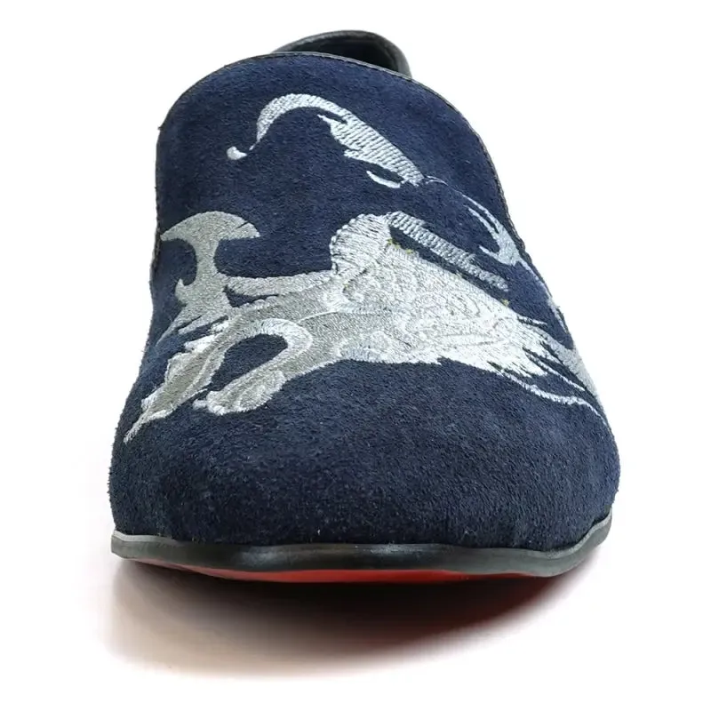 Fiesso FI-7039 Navy Suede Slip on Loafers