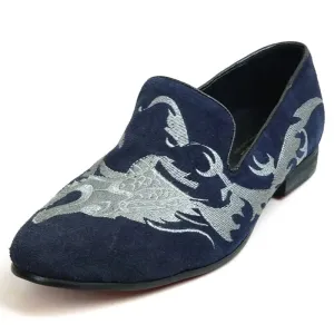 Fiesso FI-7039 Navy Suede Slip on Loafers