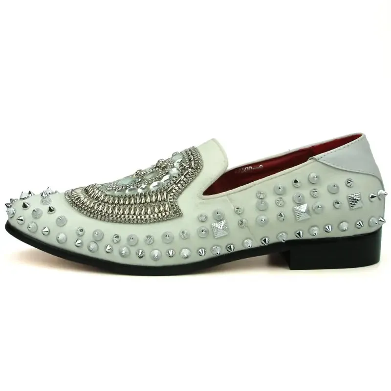 Fiesso FI-7500 White Suede Silver Stones Slip on Loafers