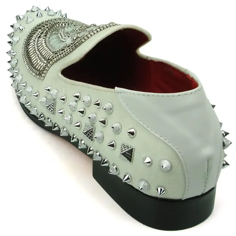 Fiesso FI-7500 White Suede Silver Stones Slip on Loafers