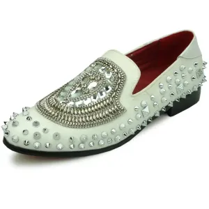 Fiesso FI-7500 White Suede Silver Stones Slip on Loafers