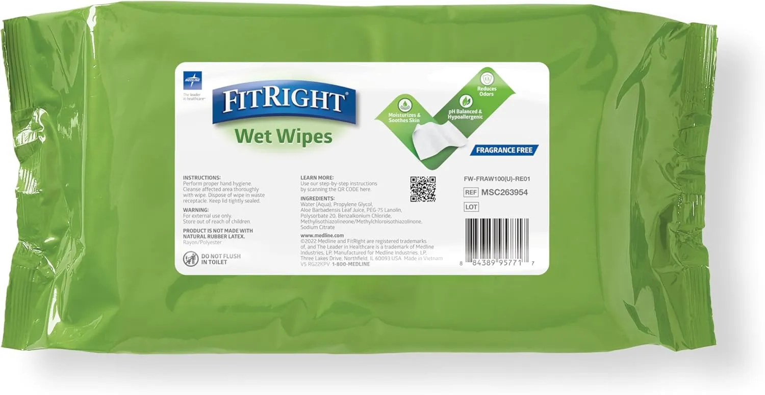 FitRight Personal Cleansing Wipes with Aloe (8x10 inch) | 600 Pieces Moisturizing Body Wipes for Adults Bathing and Incontinence Cleaning | Unscented Cloth Adult Wipes for Elderly Care