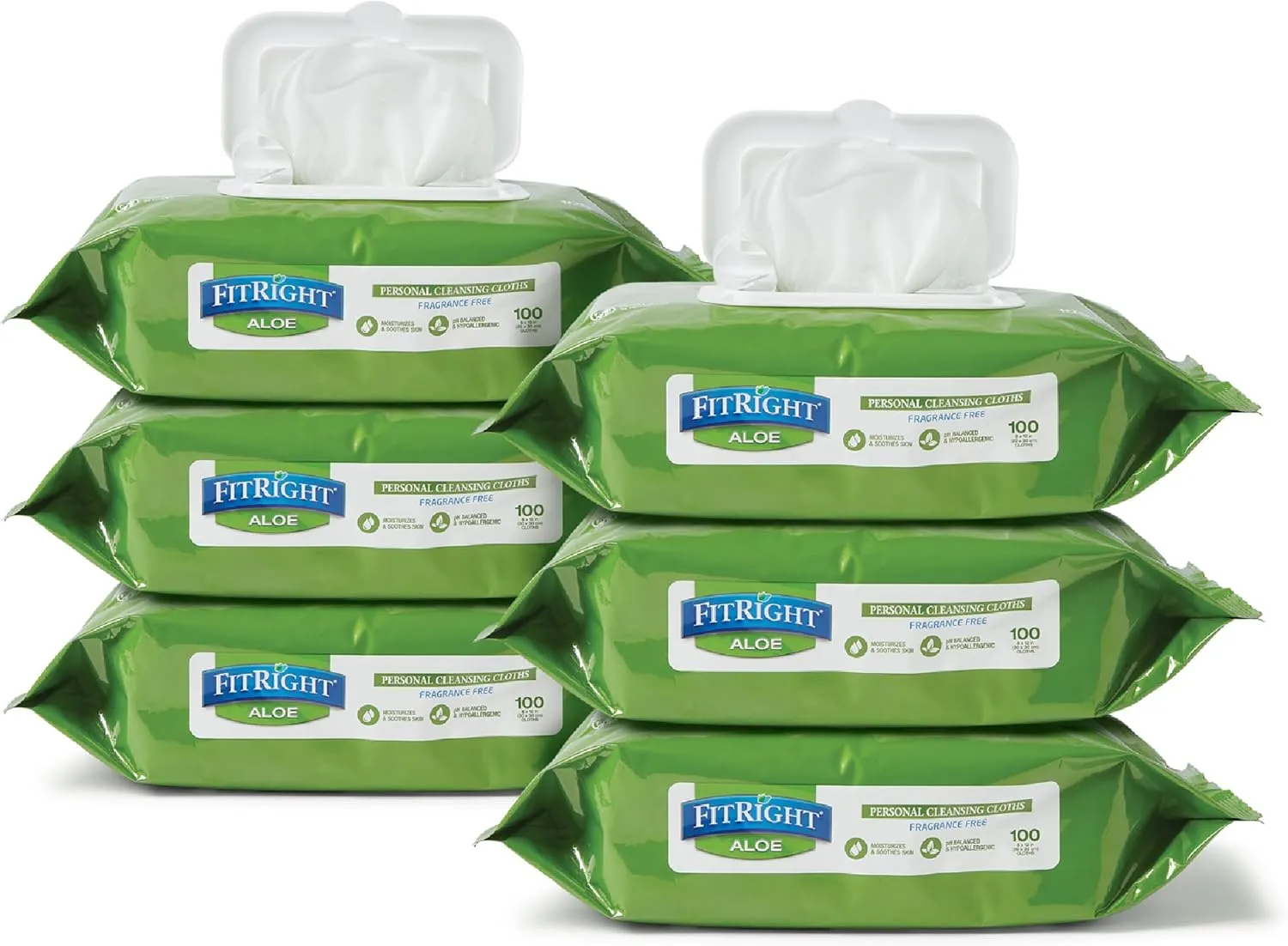 FitRight Personal Cleansing Wipes with Aloe (8x10 inch) | 600 Pieces Moisturizing Body Wipes for Adults Bathing and Incontinence Cleaning | Unscented Cloth Adult Wipes for Elderly Care