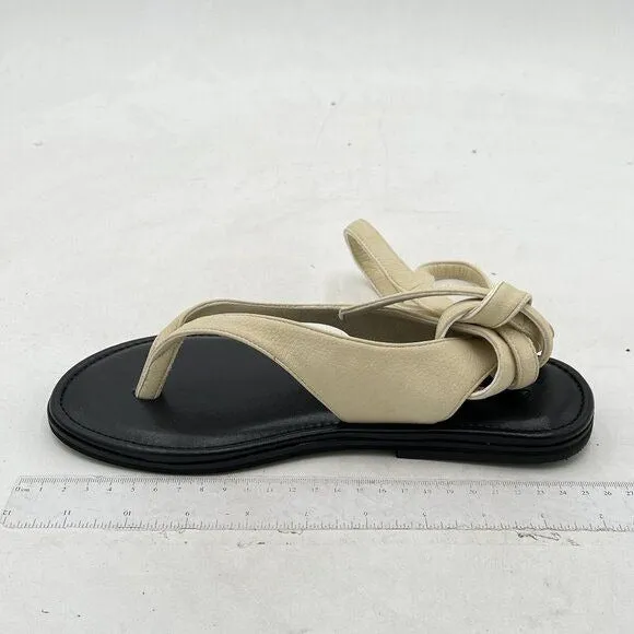 FOWT Beige Split Round Toe Lace up Strappy Soft Flip Flop Comfortable Sandal