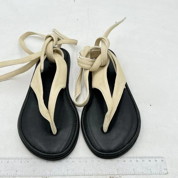 FOWT Beige Split Round Toe Lace up Strappy Soft Flip Flop Comfortable Sandal