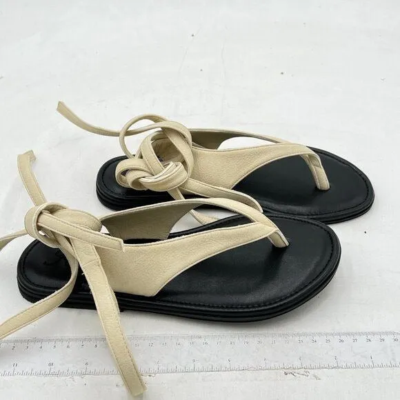 FOWT Beige Split Round Toe Lace up Strappy Soft Flip Flop Comfortable Sandal