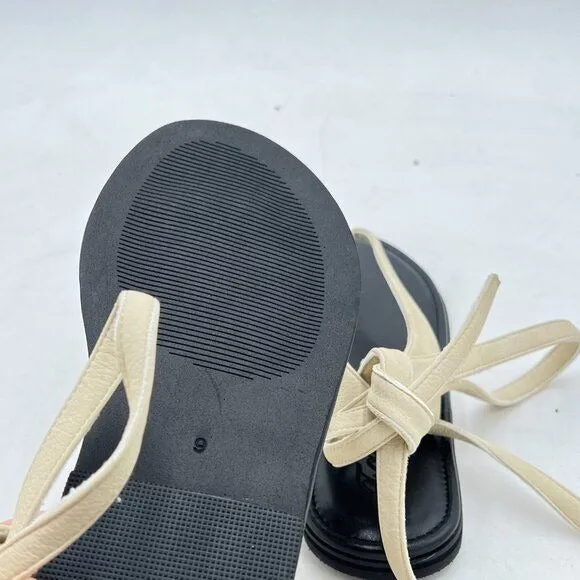 FOWT Beige Split Round Toe Lace up Strappy Soft Flip Flop Comfortable Sandal