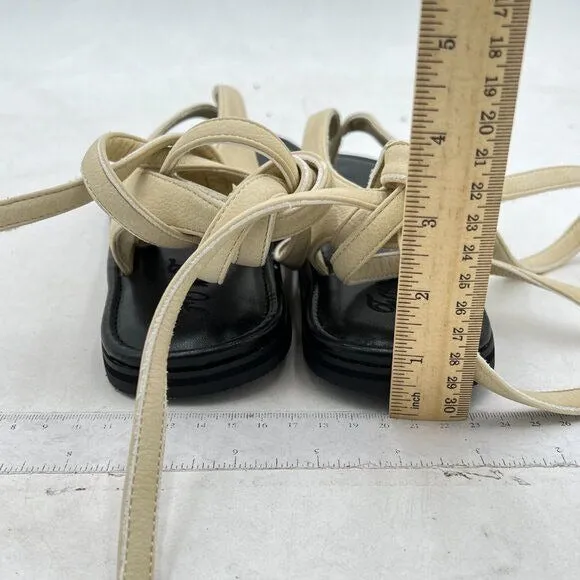 FOWT Beige Split Round Toe Lace up Strappy Soft Flip Flop Comfortable Sandal