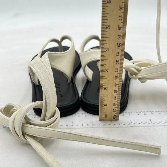 FOWT Beige Split Round Toe Sandals Lace up Strappy Flats Soft Flip Flop Shoes