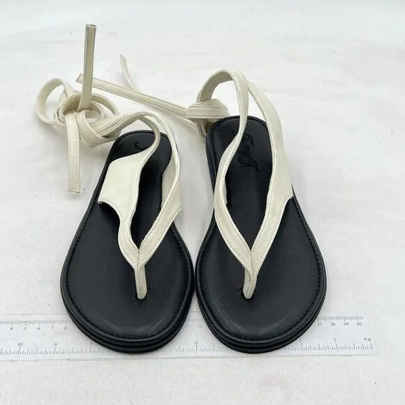 FOWT Beige Split Round Toe Sandals Lace up Strappy Flats Soft Flip Flop Shoes