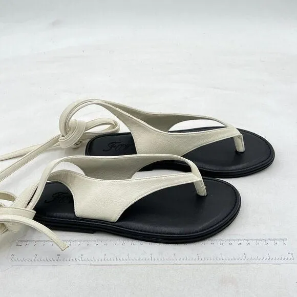 FOWT Beige Split Round Toe Sandals Lace up Strappy Flats Soft Flip Flop Shoes