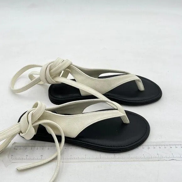 FOWT Beige Split Round Toe Sandals Lace up Strappy Soft Flip Flop Casual Flats