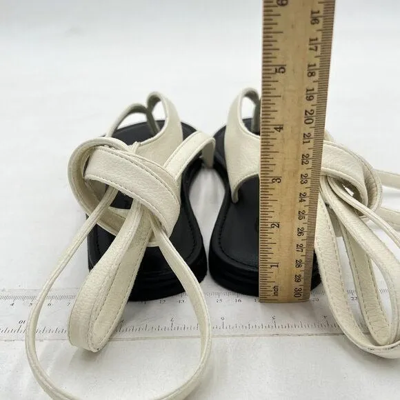FOWT Beige Split Round Toe Sandals Lace up Strappy Soft Flip Flop Casual Flats