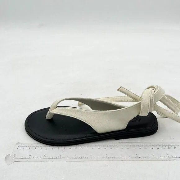 FOWT Beige Split Round Toe Sandals Lace up Strappy Soft Flip Flop Casual Flats