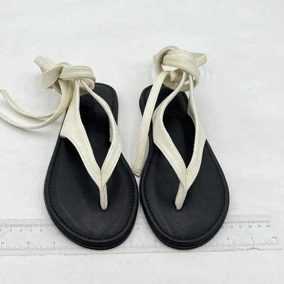 FOWT Beige Split Round Toe Sandals Lace up Strappy Soft Flip Flop Casual Flats