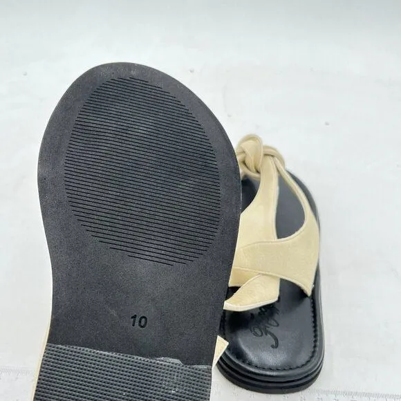 FOWT Beige Split Round Toe Sandals Lace up Strappy Soft Flip Flop Flats Shoes