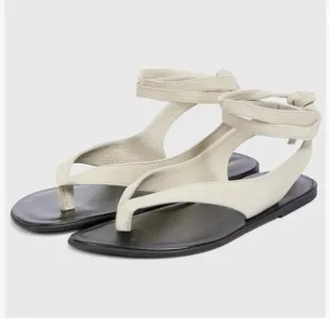 FOWT Beige Split Round Toe Sandals Lace up Strappy Soft Flip Flop Flats Shoes
