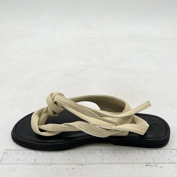 FOWT Beige Split Round Toe Sandals Lace up Strappy Soft Flip Flop Flats Shoes