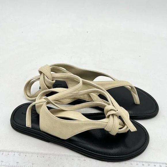 FOWT Beige Split Round Toe Sandals Lace up Strappy Soft Flip Flop Flats Shoes
