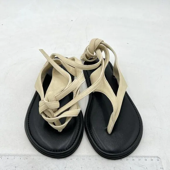 FOWT Beige Split Round Toe Sandals Lace up Strappy Soft Flip Flop Flats Shoes