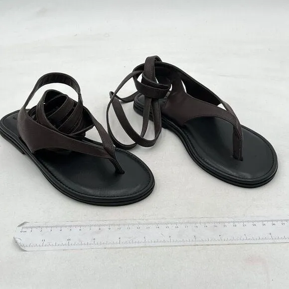 FOWT Black Round Toe Lace up Strappy Flats Comfortable Casual Flip Flop Shoes
