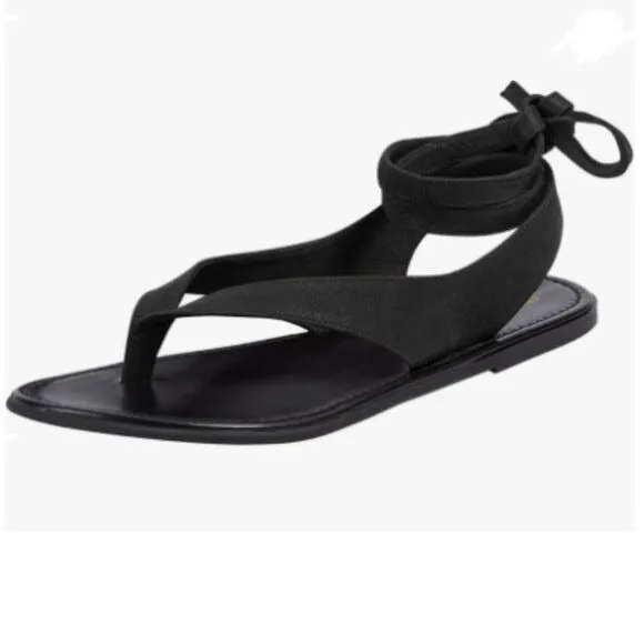 FOWT Black Round Toe Lace up Strappy Flats Comfortable Casual Flip Flop Shoes