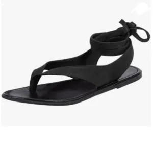 FOWT Black Round Toe Lace up Strappy Flats Comfortable Casual Flip Flop Shoes