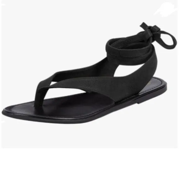 FOWT Black Round Toe Lace up Strappy Flats Comfortable Casual Flip Flop Shoes